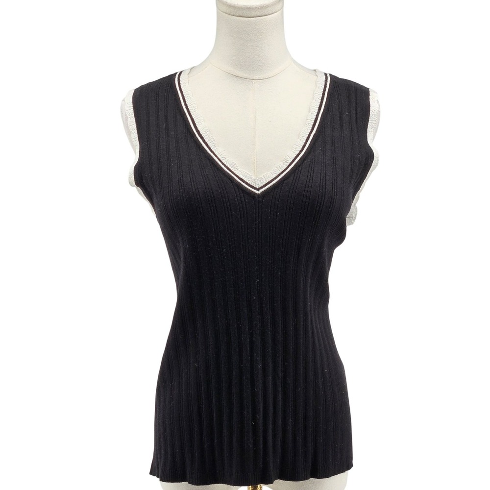 Karl Lagerfeld Sweater Vest Womens XL Black Viscose Nylon V-Neck Crochet